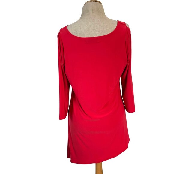 Sympli Womens Size 10 Red Cold Shoulder Asymmetrical Hem 3/4 Sleeve Tunic Top - Picture 3 of 10